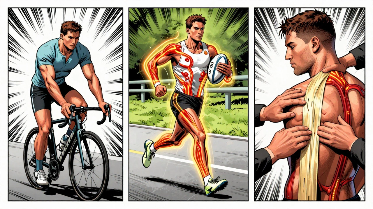 Comic-style sequence showing pre-race, post-workout, and fascia-release massage techniques for athletes.