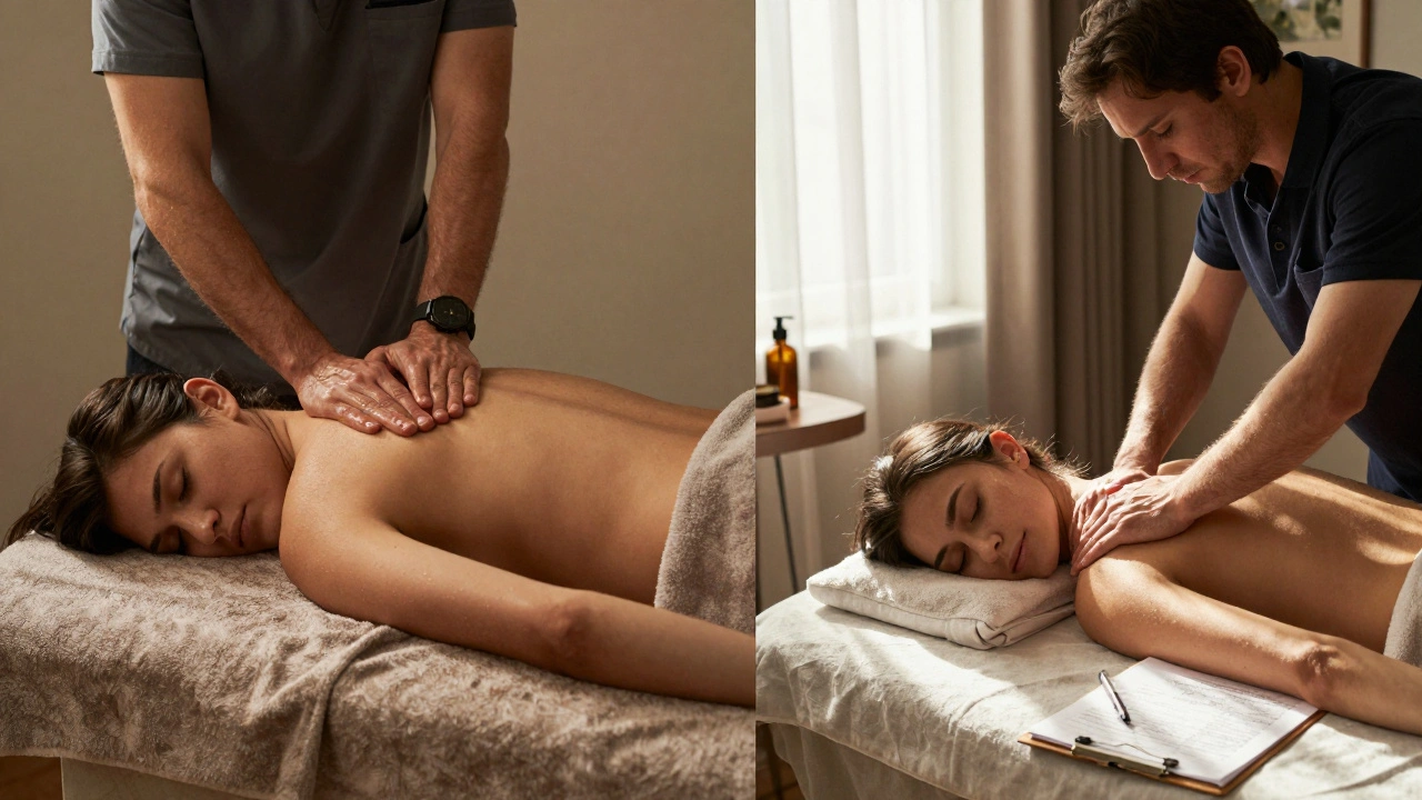 Contrast between a rushed chain spa massage and a personalized, attentive therapy session in a calm private setting.