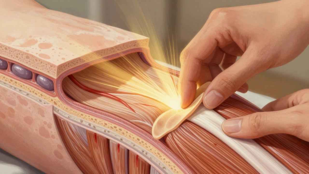 Cross-section of muscle and fascia layers with therapeutic pressure dissolving adhesions, illustrated in artistic medical style.