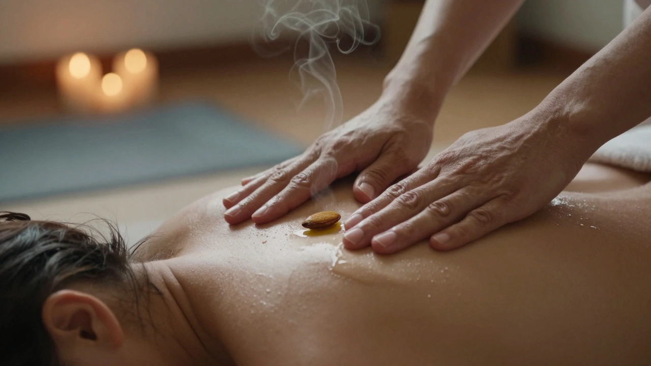 Gentle hands massaging shoulders with essential oil blend, soft light highlighting skin and subtle vapor in the air.