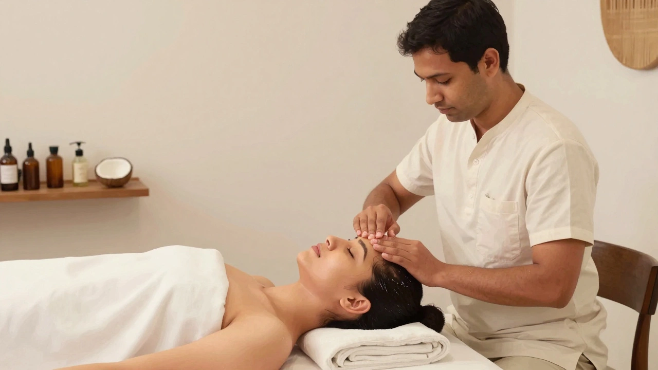 Indian head massage session with therapist working on scalp and neck of seated client in a minimalist wellness studio.