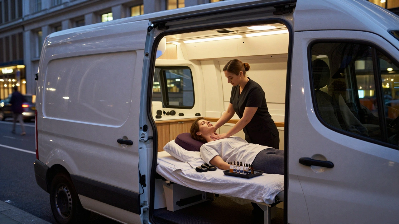 Mobile massage van offering a corporate stress reset session outside a London office building at night.