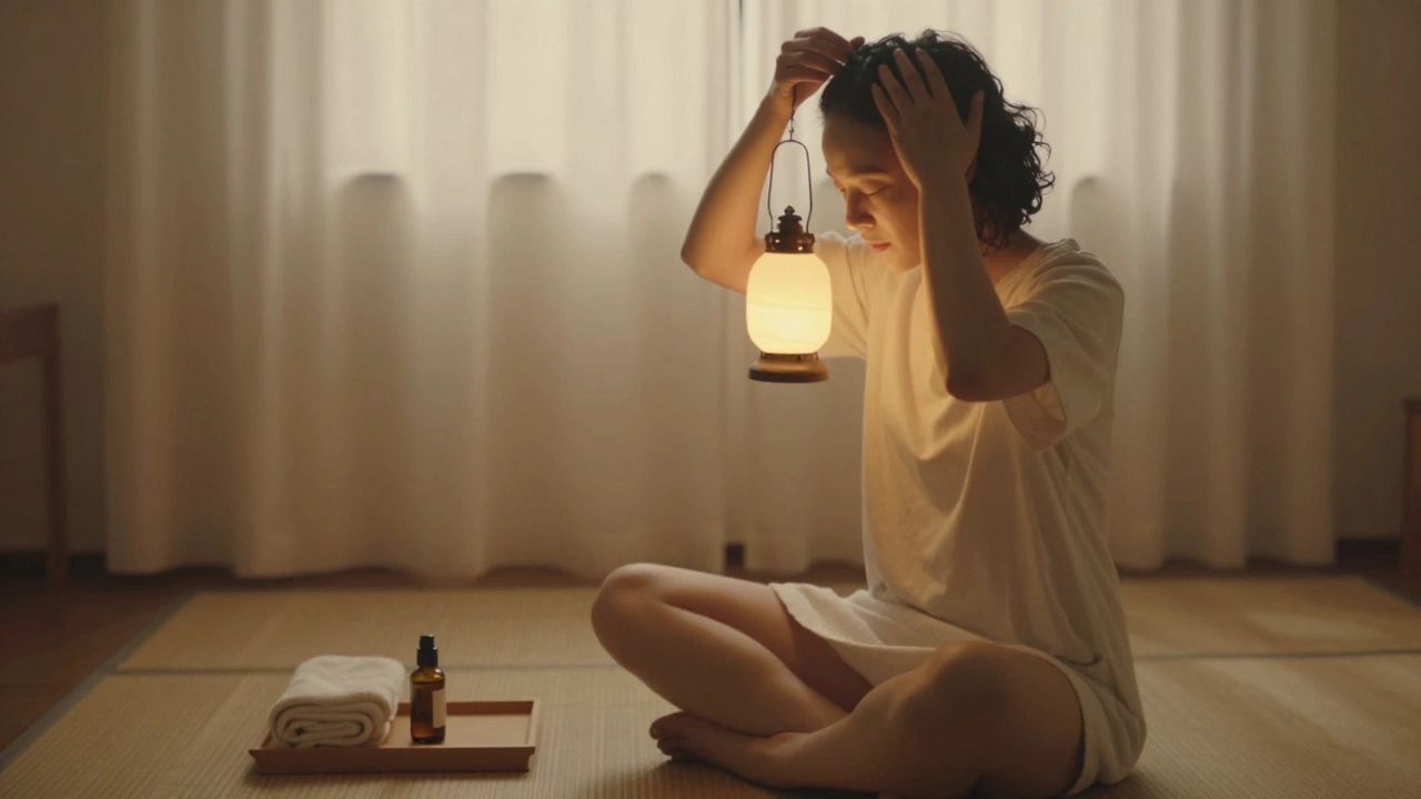 Person gently massaging their scalp in a dimly lit room, eyes closed, with oil bottle and towel on a tray.