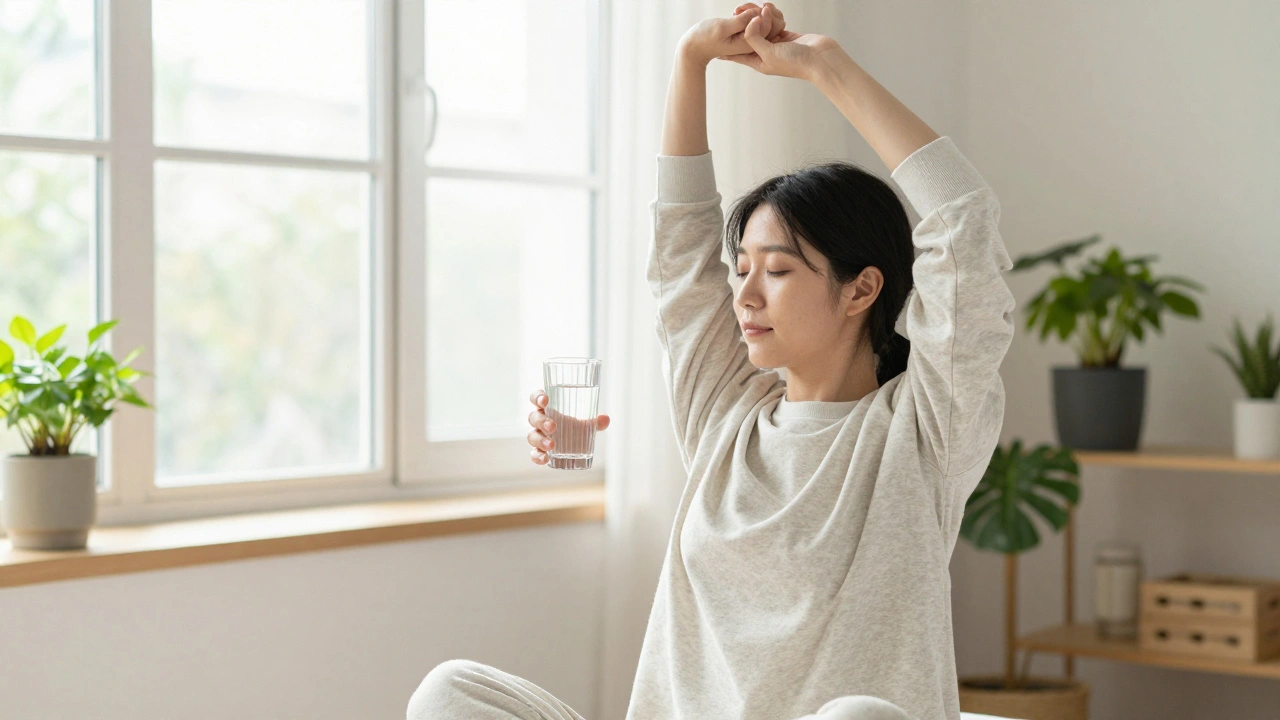 Person stretching and drinking water for daily wellness routine.