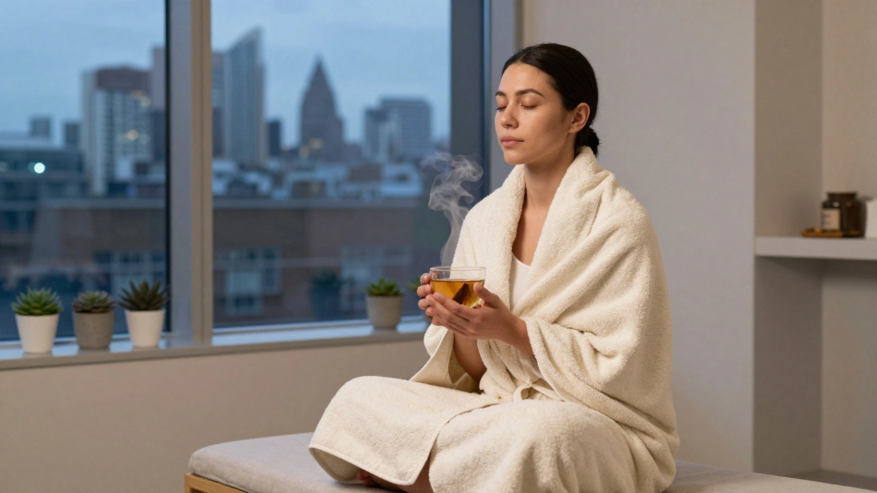 Person wrapped in towel drinking tea in peaceful spa lounge