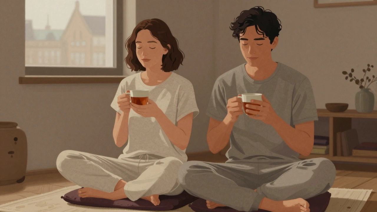 Relaxed couple in comfortable clothes sitting on floor cushions