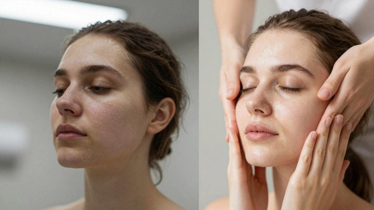 Split image showing dull skin transforming into radiant skin after a massage.