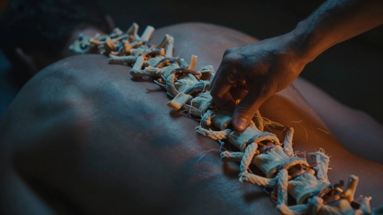 Tangled fibrous bands around a spine unraveling as hands apply targeted pressure to release chronic tension.