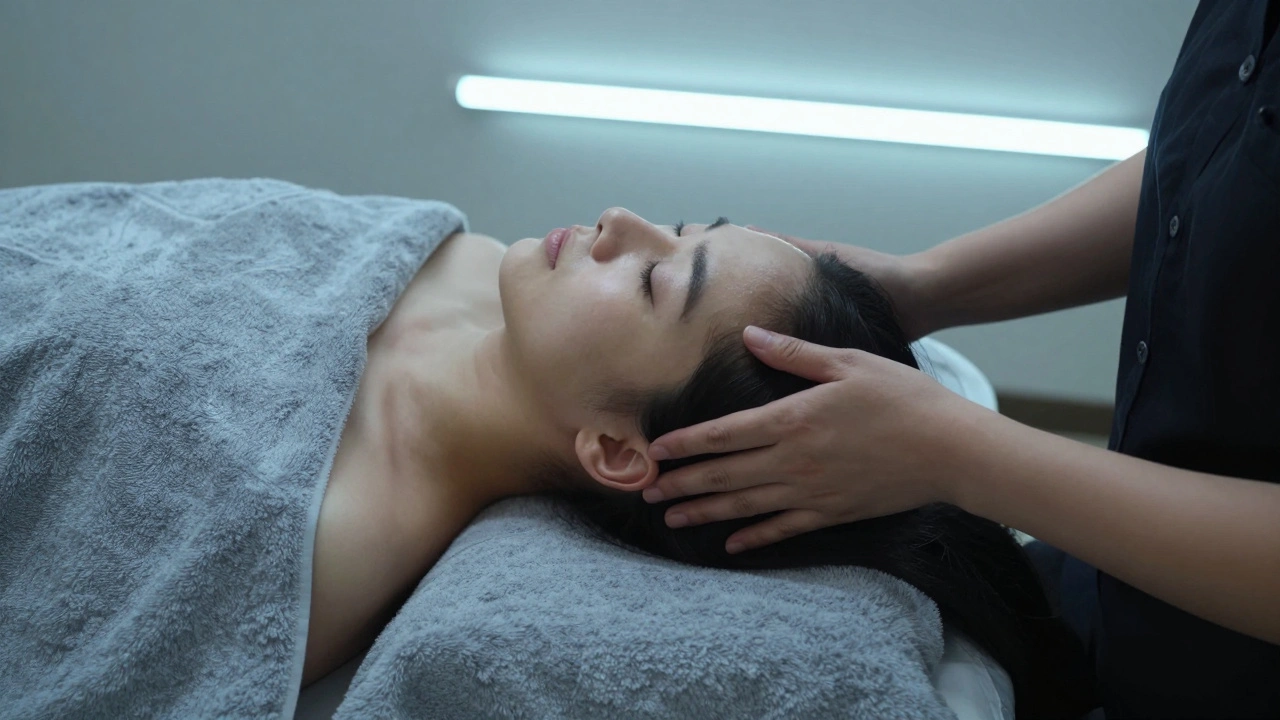 Therapist performing Indian head massage on scalp and shoulders, avoiding facial areas in a modern spa setting.