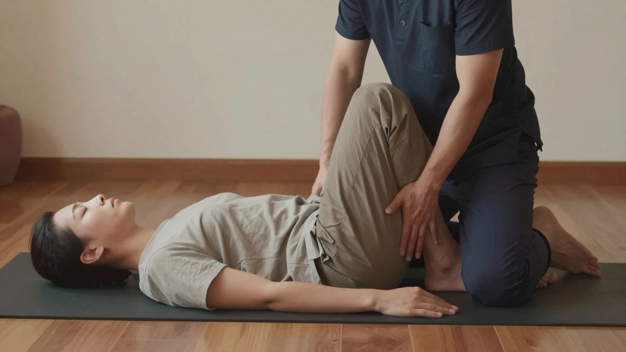 Therapist using knee and body weight to stretch a client's leg on a mat, fully clothed, in a minimalist space.