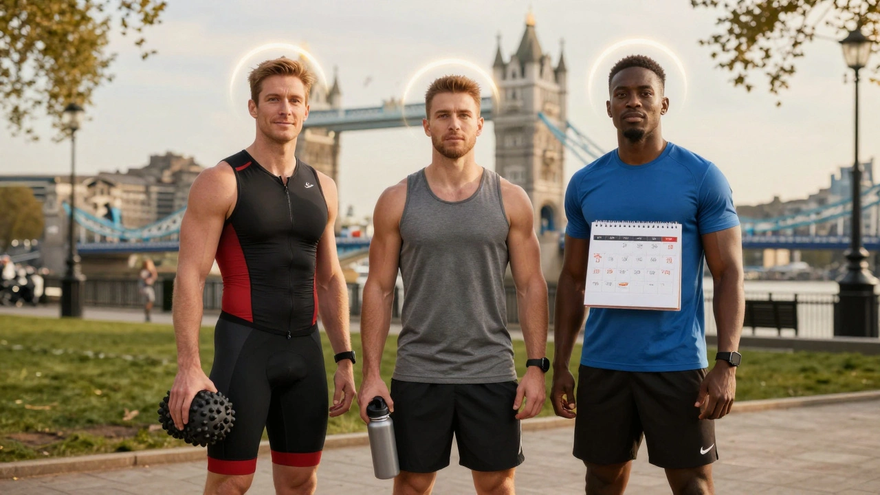 Three diverse London athletes with recovery halos, symbolizing sports massage benefits for everyday active people.