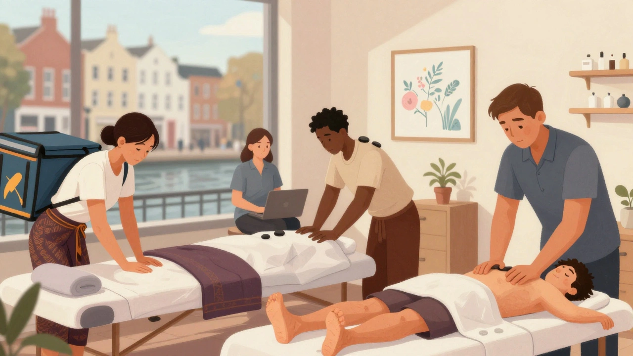 Three East London workers receiving different massage therapies in small, local studios with soft ambient lighting.