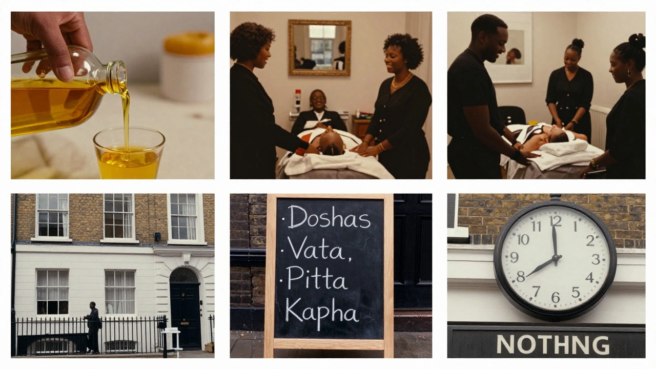 Three London neighborhoods showing traditional Indian massage elements: oils, doshas, and lunchtime sessions.