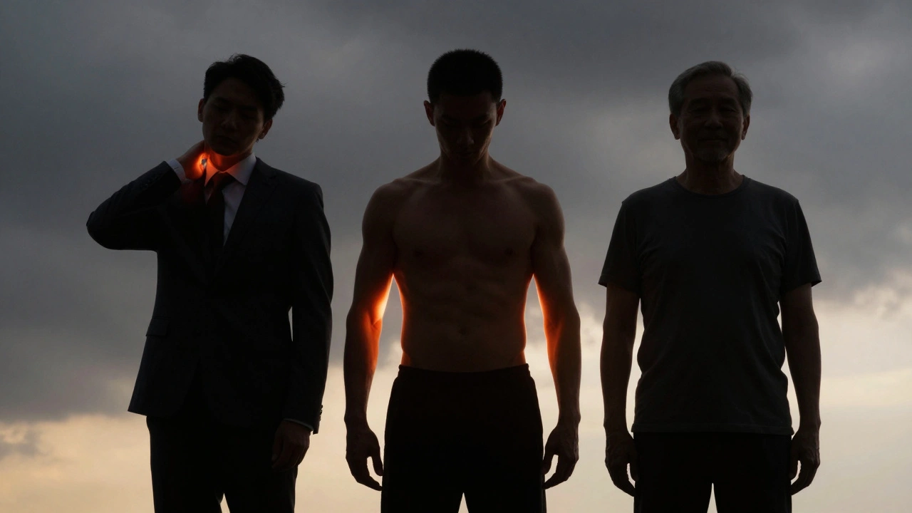 Three silhouettes of different people benefiting from massage, with visual cues of relief and a sunrise background.