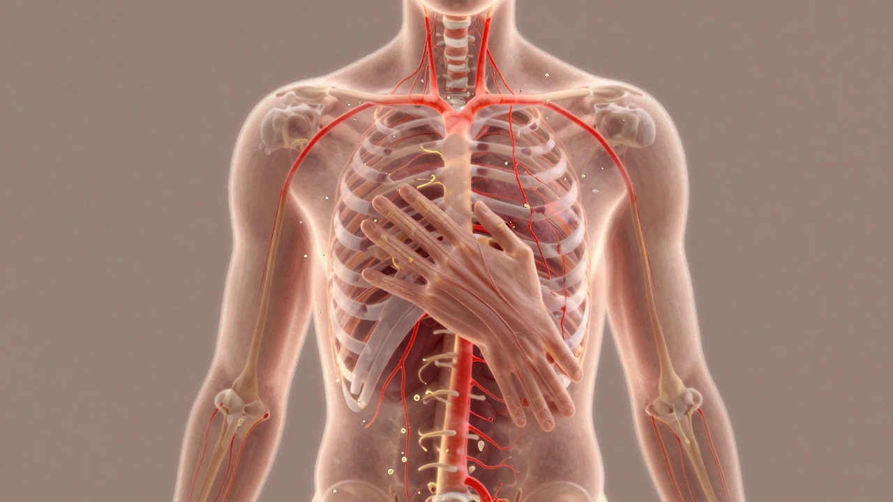 Transparent human body with glowing circulation and lymphatic flow from massage strokes.