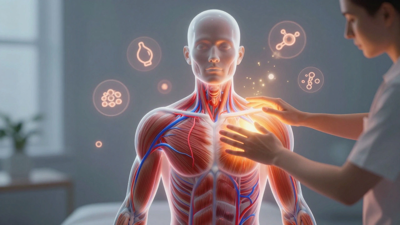 Transparent human figure with glowing blood and lymph flow, enhanced by golden light from massage hands.