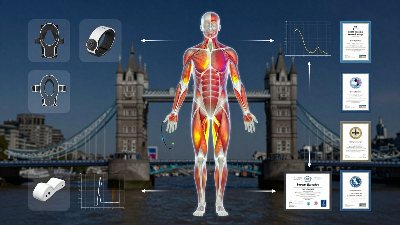 Transparent human figure with muscle scans and wearable tech icons, symbolizing data-driven sports massage in London.