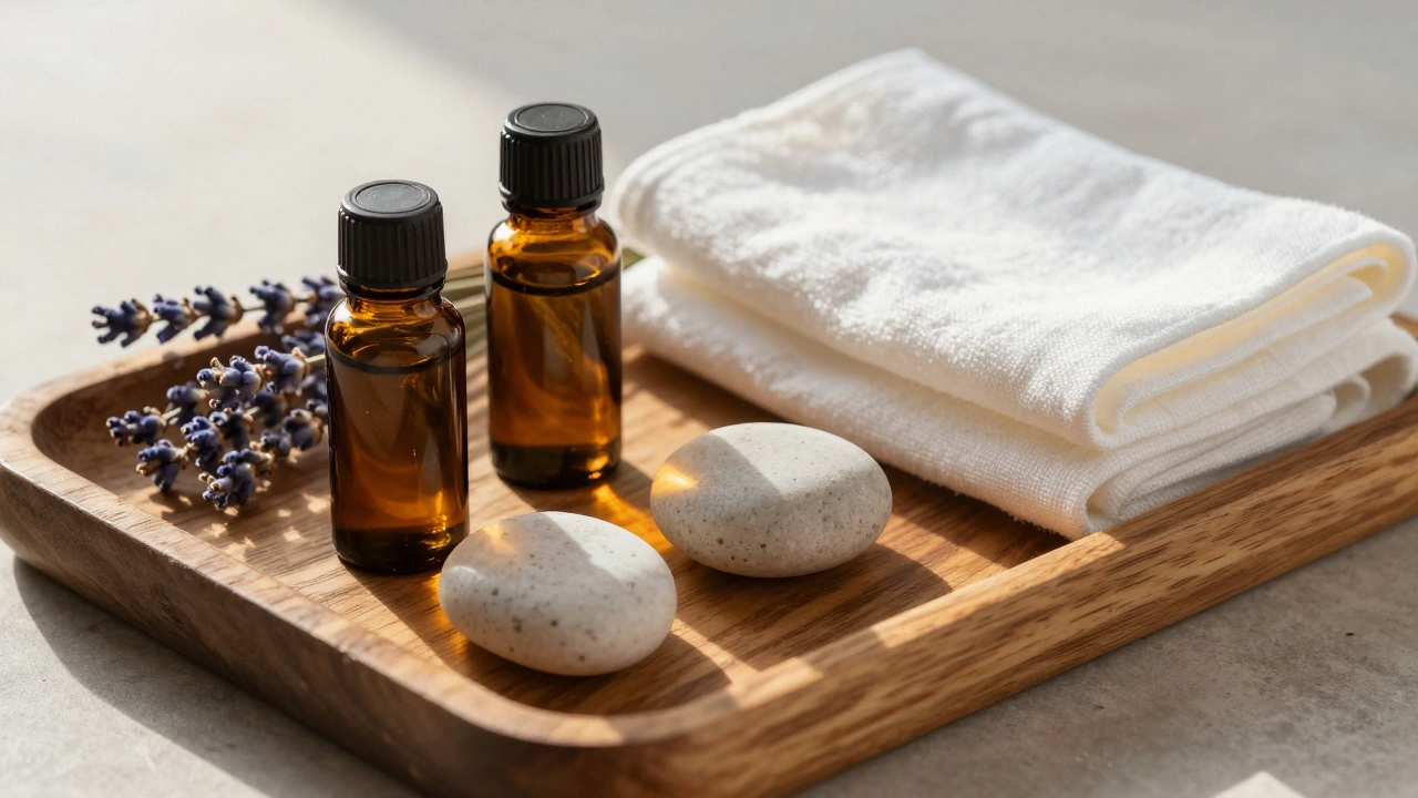 Tray of massage oils and towels on a wooden surface.