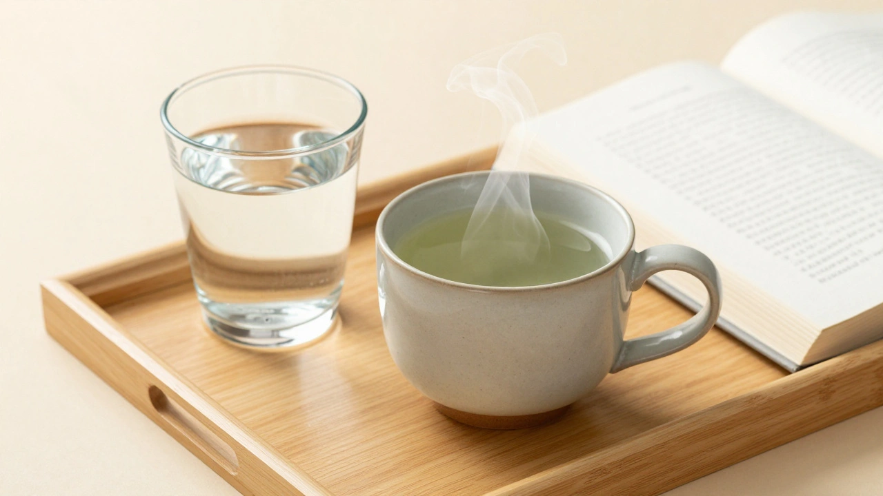 Tray with herbal tea and water for wellness recovery and hydration.