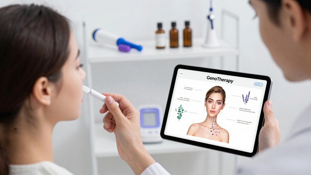 Woman receiving a DNA-based massage consultation, with a therapist viewing her personalized genomic response on a tablet.