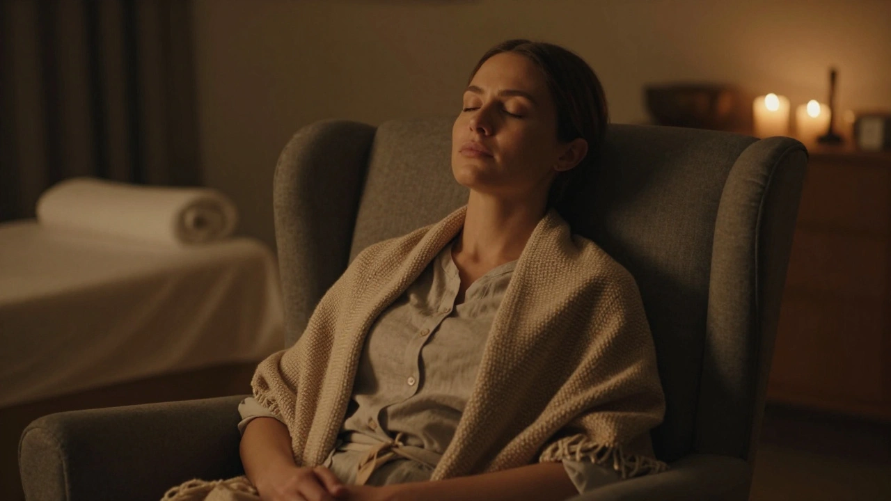 Woman sitting in a chair with eyes closed, appearing relaxed in a spa.